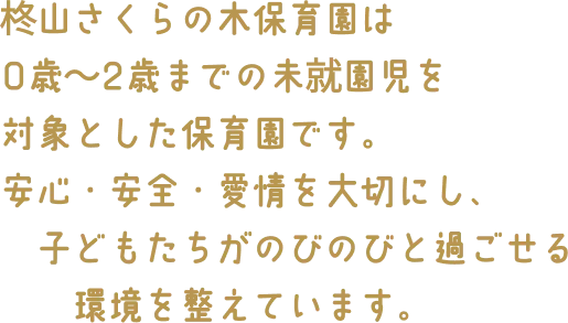 柊山さくらの木保育園は 0歳2歳までの未就園児を対象とした保育園です。安心・安全・愛情を大切にし、子どもたちがのびのびと過ごせる環境を整えています。